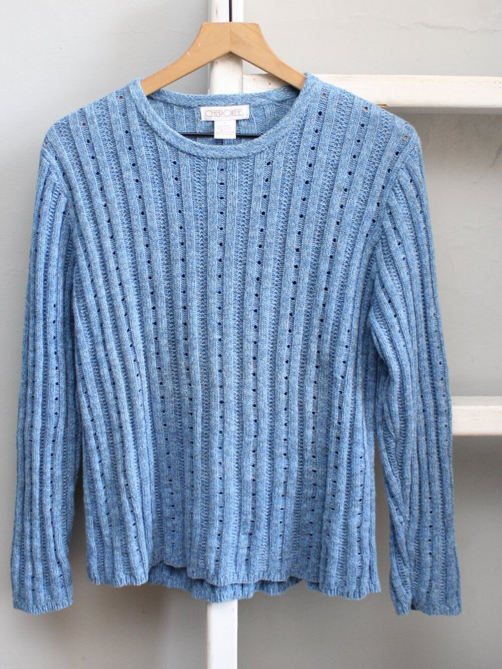 Cherokee Vintage Blue Ribbed Open Knit Crewneck Sweater Size Small